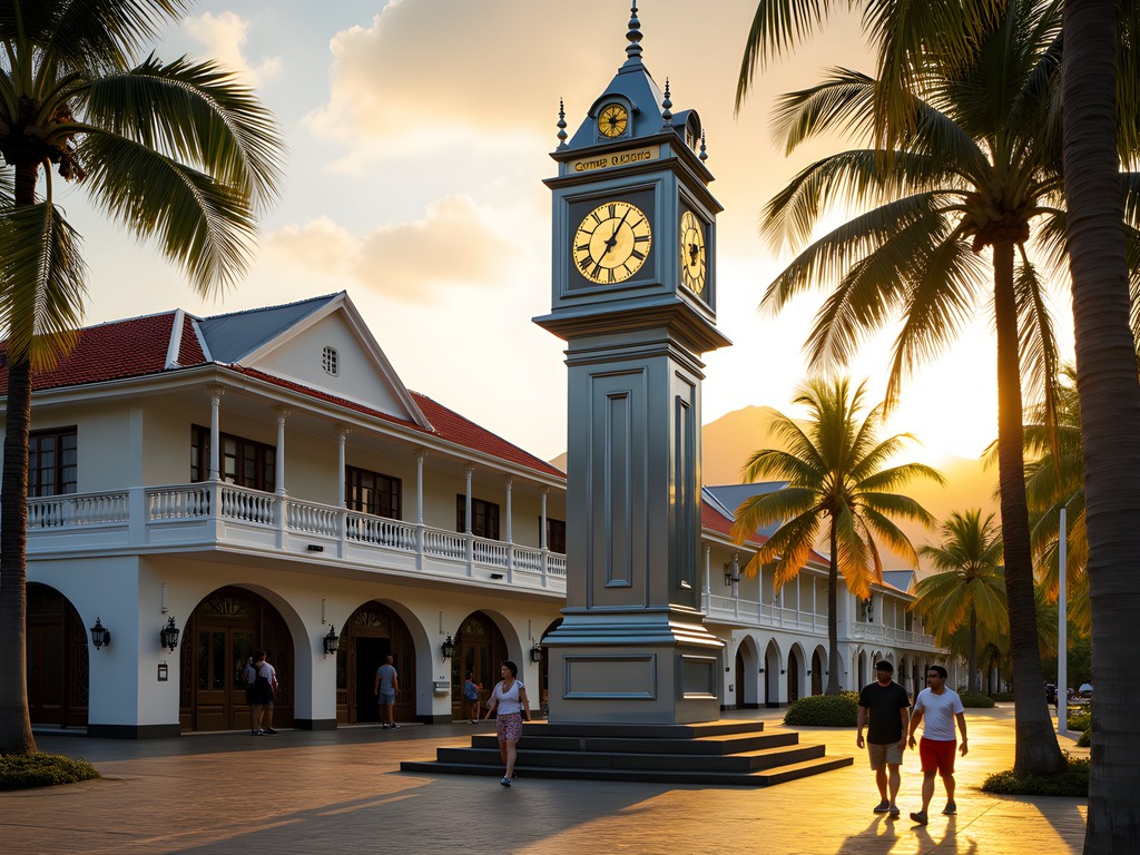 Victoria Clocktower landmark in Seychelles with local pedestrians