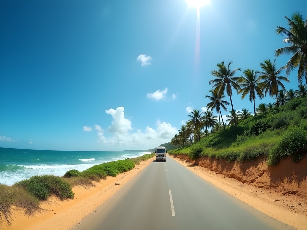 Scenic coastal road approaching Vilanculos with palm trees and glimpses of turquoise water