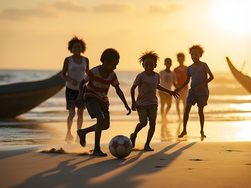 Local children and travelers playing impromptu soccer on Vilanculos beach at sunset