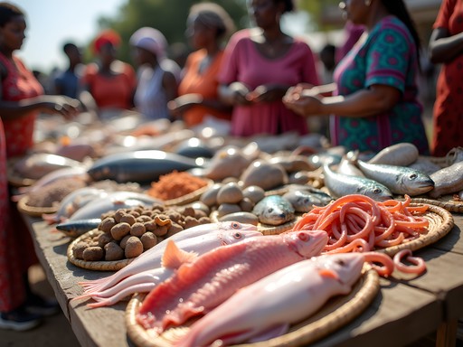 Colorful display of fresh-caught seafood at Vilanculos market with local vendors