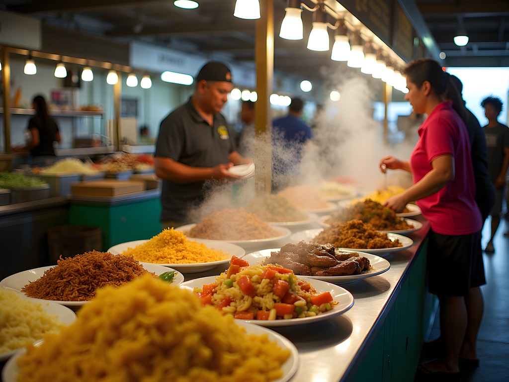 Colorful Filipino food stalls at Waipahu Festival Marketplace