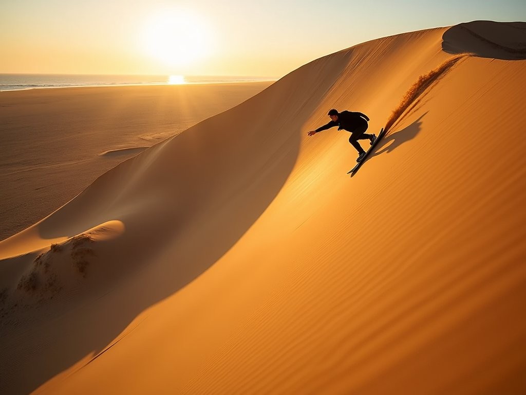 Traveler sandboarding down the massive Dune 7 near Walvis Bay