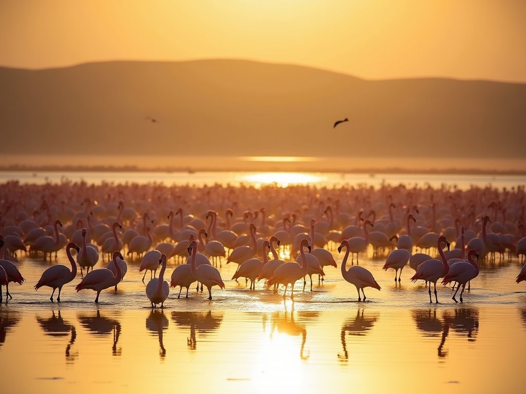 Thousands of pink flamingos feeding in Walvis Bay Lagoon at sunrise