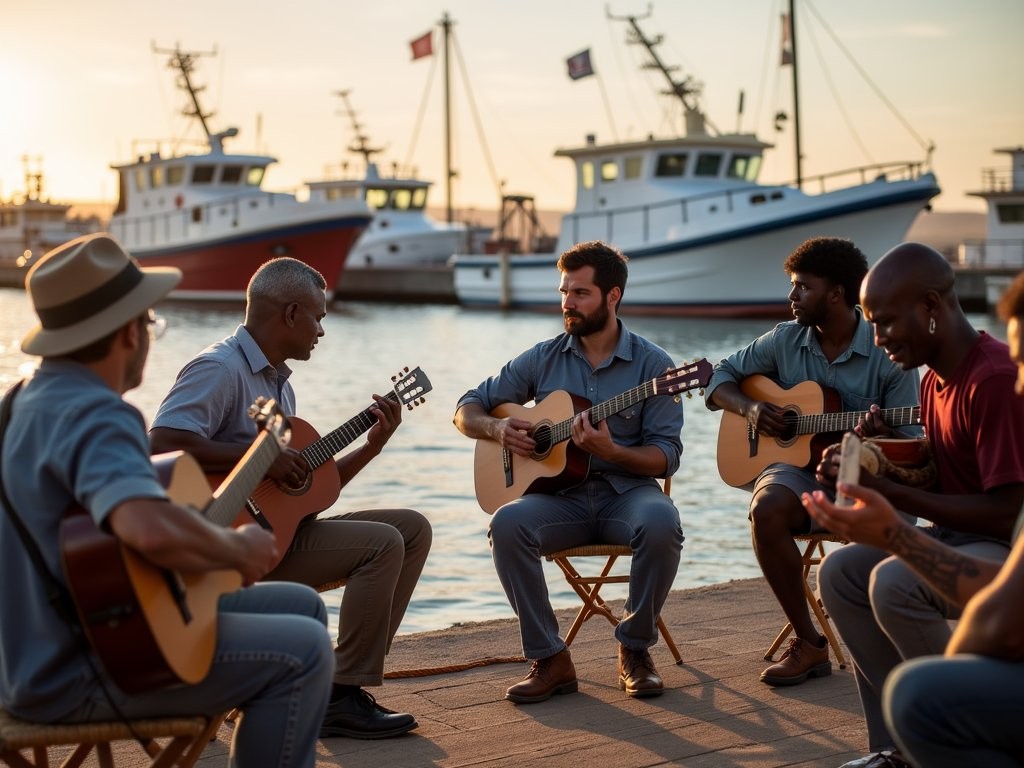 Local music gathering at Walvis Bay harbor with traditional instruments