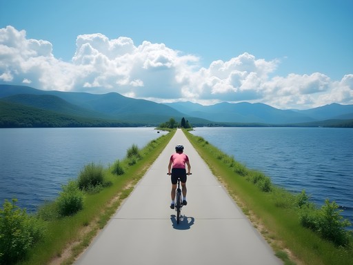 Cyclist on Colchester Causeway with Lake Champlain views