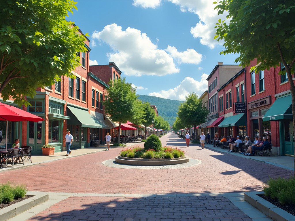 Walkable downtown Winooski Circle with pedestrians and local shops