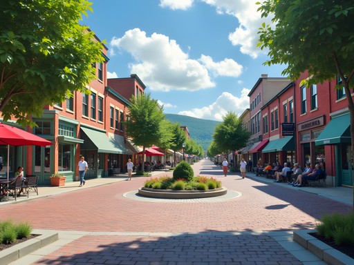 Walkable downtown Winooski Circle with pedestrians and local shops