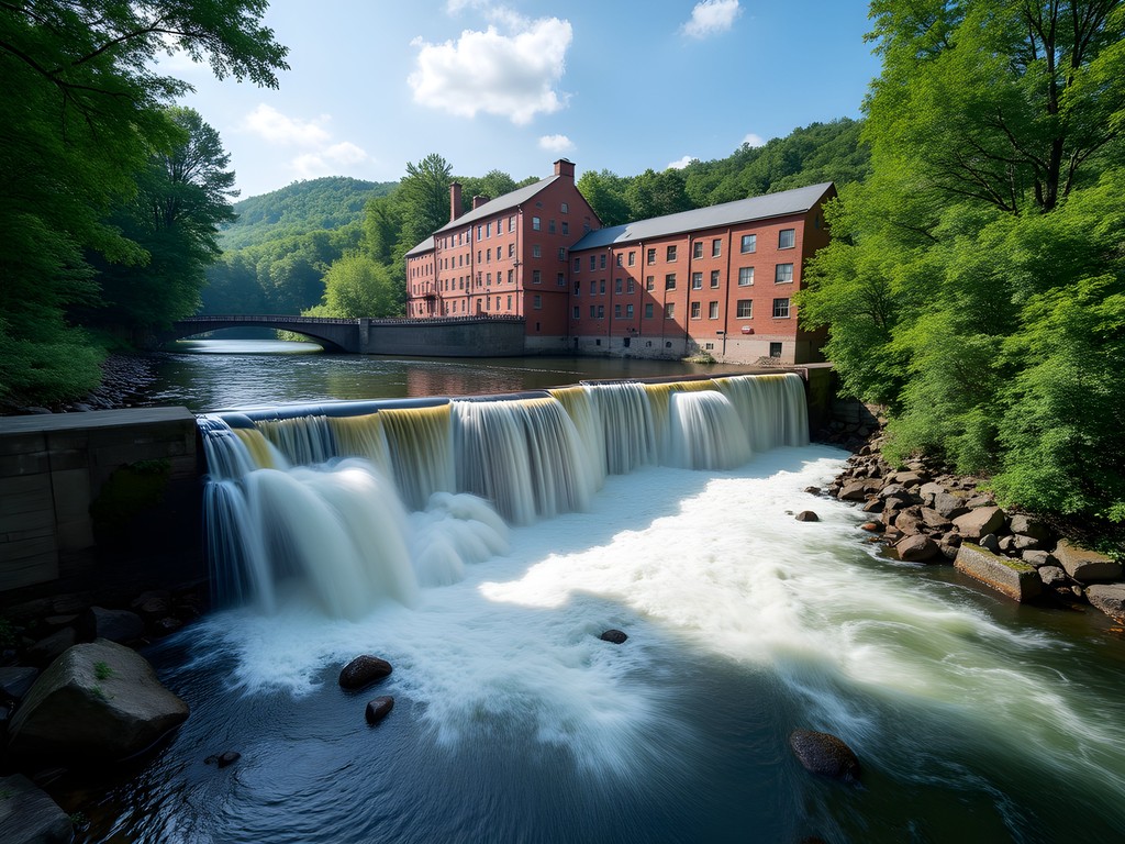 Winooski Falls with morning light and historic mill buildings