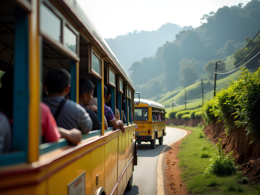 Colorful local bus transportation in Kandy with passengers and scenic mountain views