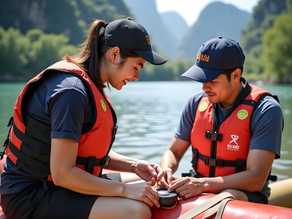Safety preparation for bamboo rafting on Yulong River in Yangshuo with safety equipment visible