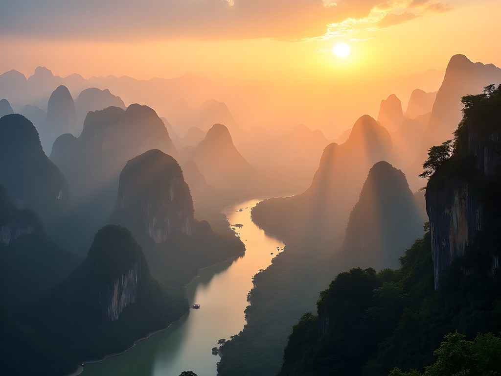 Panoramic sunset view of Li River and karst mountains from Xianggong Mountain viewpoint