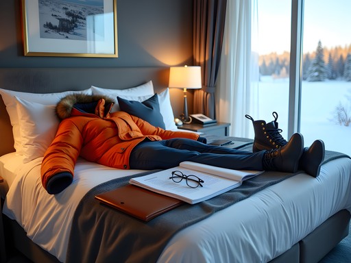 Business traveler preparing specialized equipment for Arctic corporate retreat