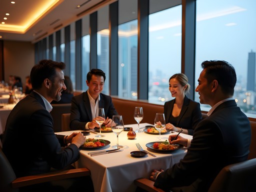 Business dinner at Zuma Abu Dhabi with executives discussing over premium Japanese cuisine
