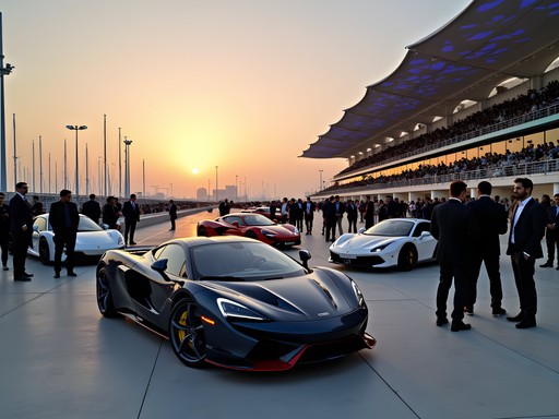Business networking event at Yas Marina Circuit with luxury cars and executives