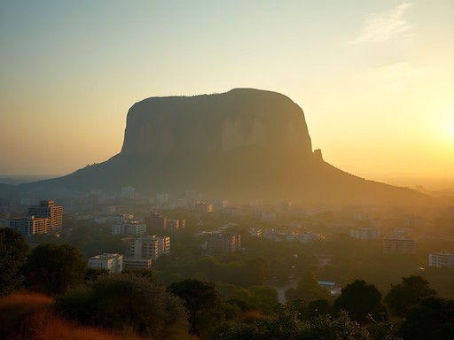 Sunrise view of Aso Rock monolith with Abuja city visible below