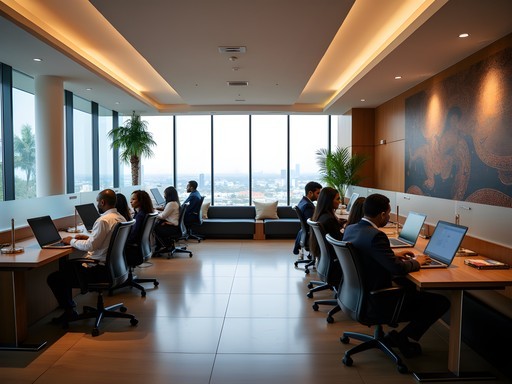 Modern business center in an Abuja hotel with people working at desks and in meeting areas
