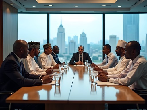 Business meeting in Abuja showing mix of Western and traditional Nigerian business attire