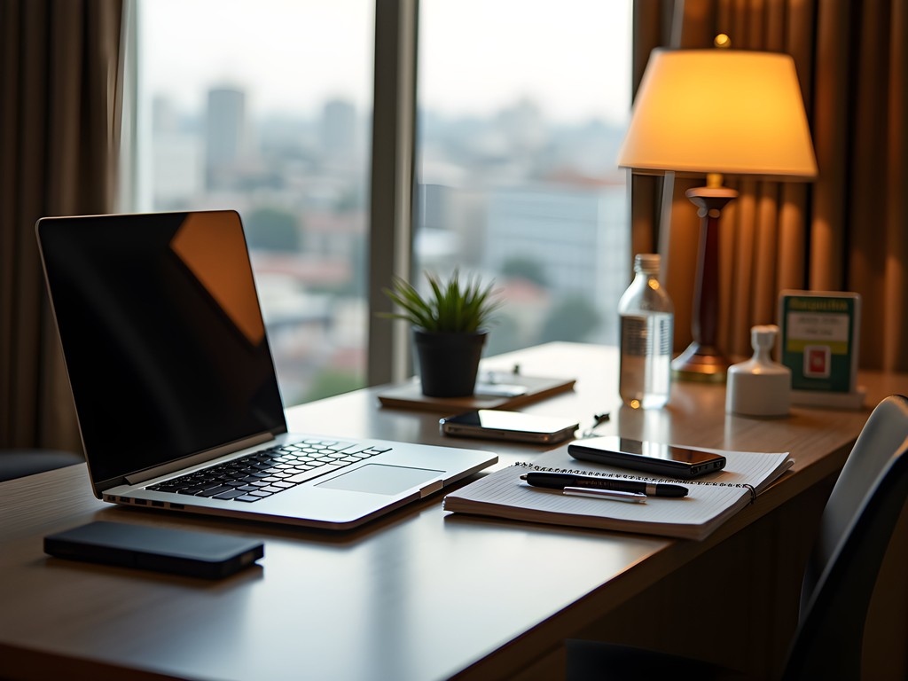 Business traveler's digital workspace setup in Abuja hotel with backup power and connectivity solutions