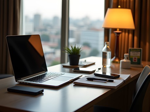 Business traveler's digital workspace setup in Abuja hotel with backup power and connectivity solutions