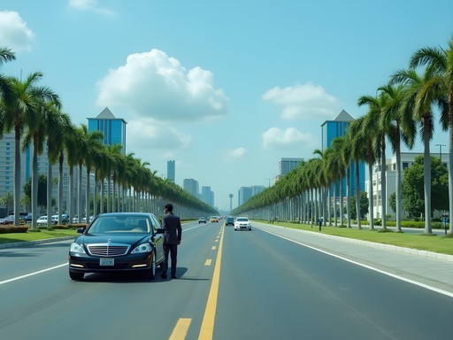 Wide Abuja boulevard with light traffic, modern buildings, and a business traveler entering a vehicle