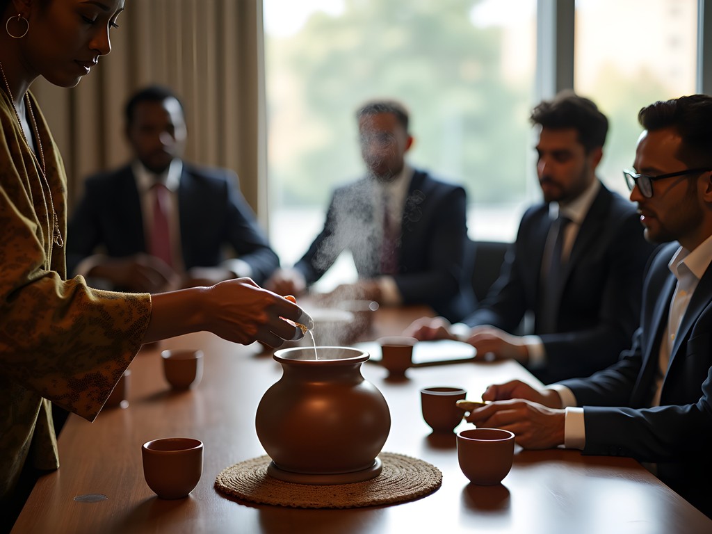 Traditional Ethiopian coffee ceremony during business meeting