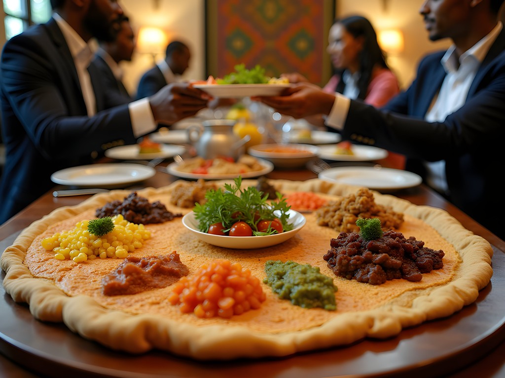 Traditional Ethiopian dining experience with business colleagues sharing injera
