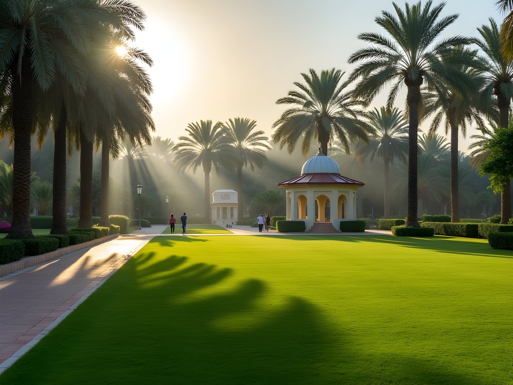 Lush Ahmadi Garden with palm trees, walkways and British colonial influence in early morning light