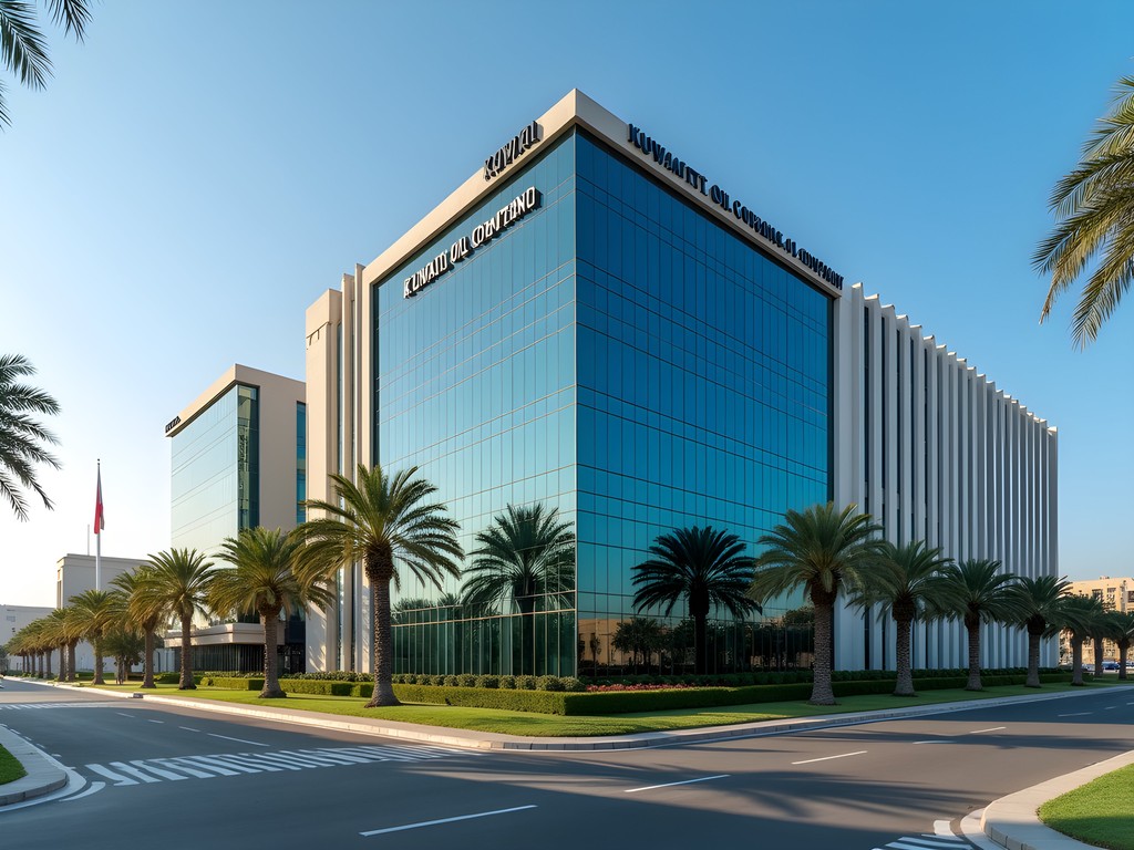 Exterior of Kuwait Oil Company headquarters in Ahmadi with palm trees and manicured gardens