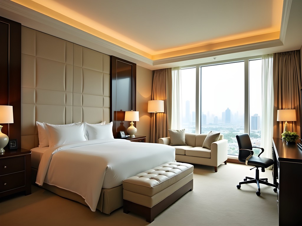 Luxury hotel suite in Ahmadi with modern business amenities and Middle Eastern design elements