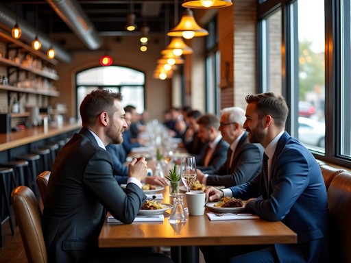 Professional business lunch meeting at an upscale Akron restaurant