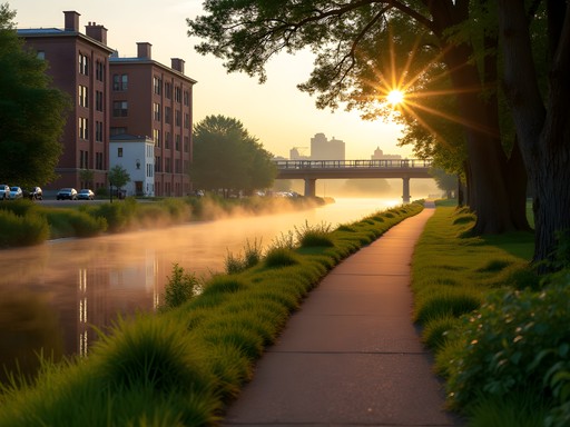 Serene morning view of the Ohio & Erie Canal Towpath Trail in Akron