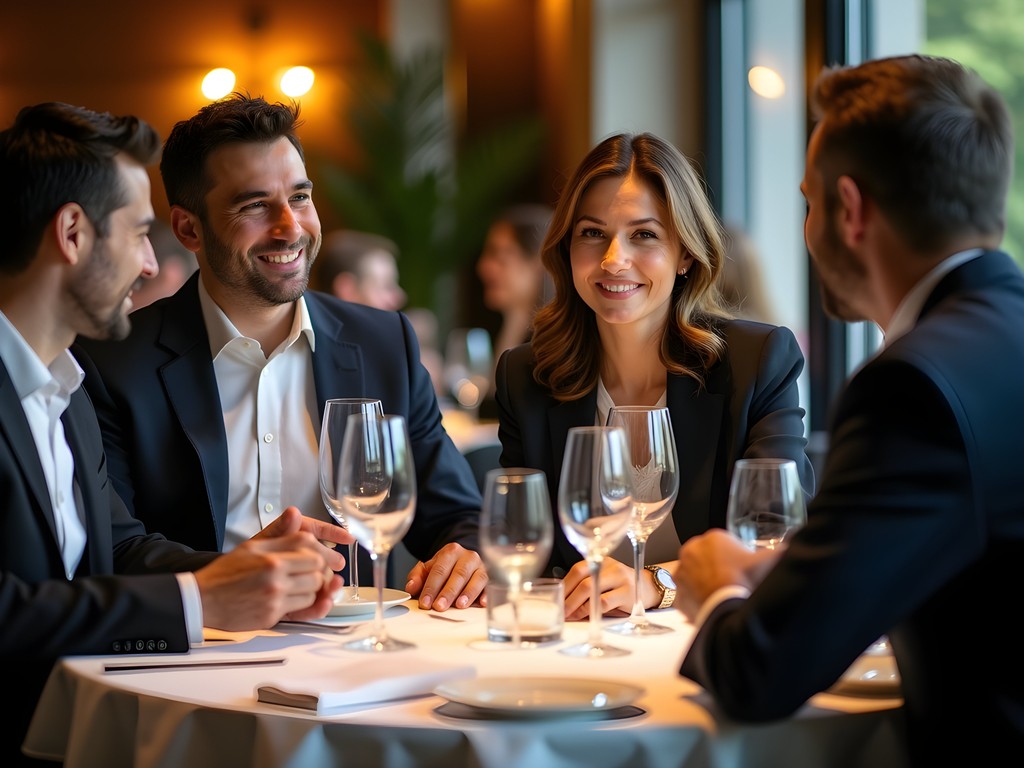 Professional business dinner at upscale Albany restaurant with elegant table setting and ambient lighting
