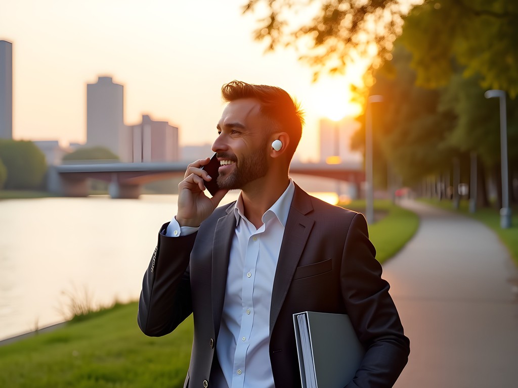 Business professional taking important call while walking along Albany's scenic Corning Preserve Riverfront