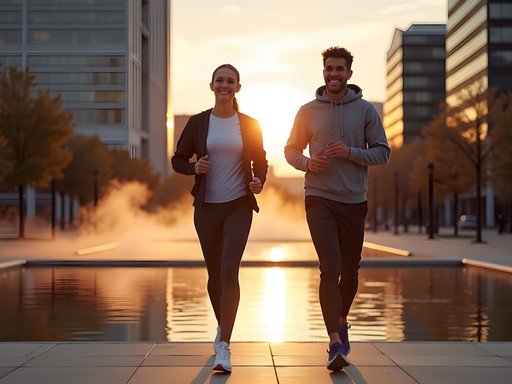 Business professionals power walking at Empire State Plaza in early morning light