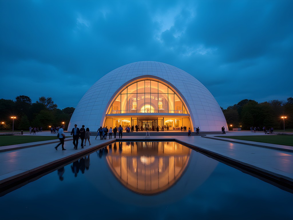The Egg performing arts center illuminated at dusk with business professionals arriving for evening performance