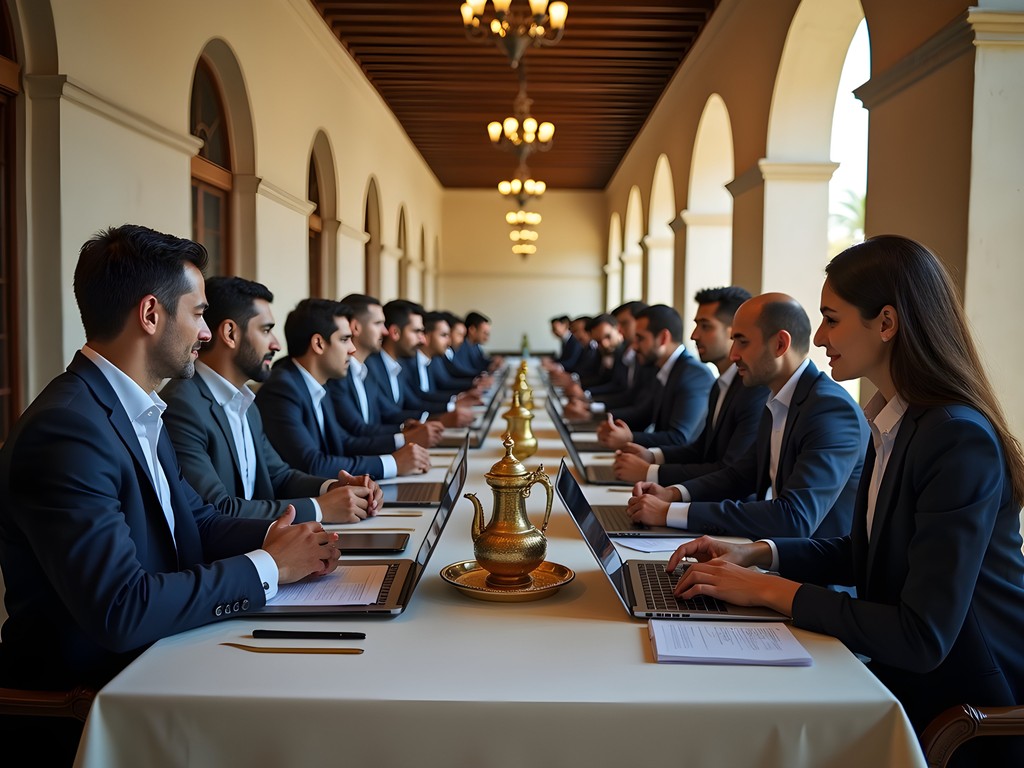 Professional business meeting in historical Alexandria setting with traditional and modern elements