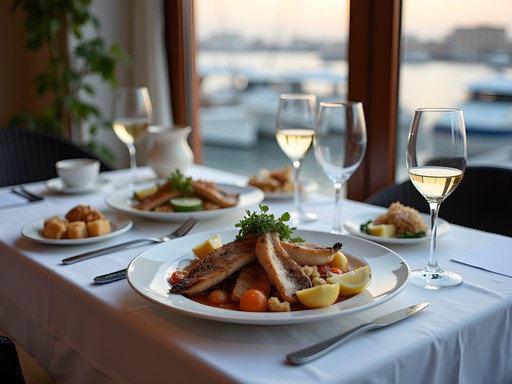 Elegant seafood business dinner setting at Alexandria waterfront restaurant