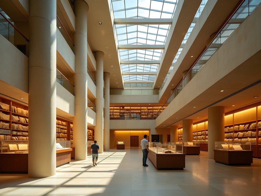 Modern interior architecture of Bibliotheca Alexandrina with ancient manuscripts display