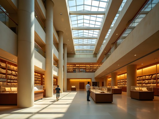 Modern interior architecture of Bibliotheca Alexandrina with ancient manuscripts display