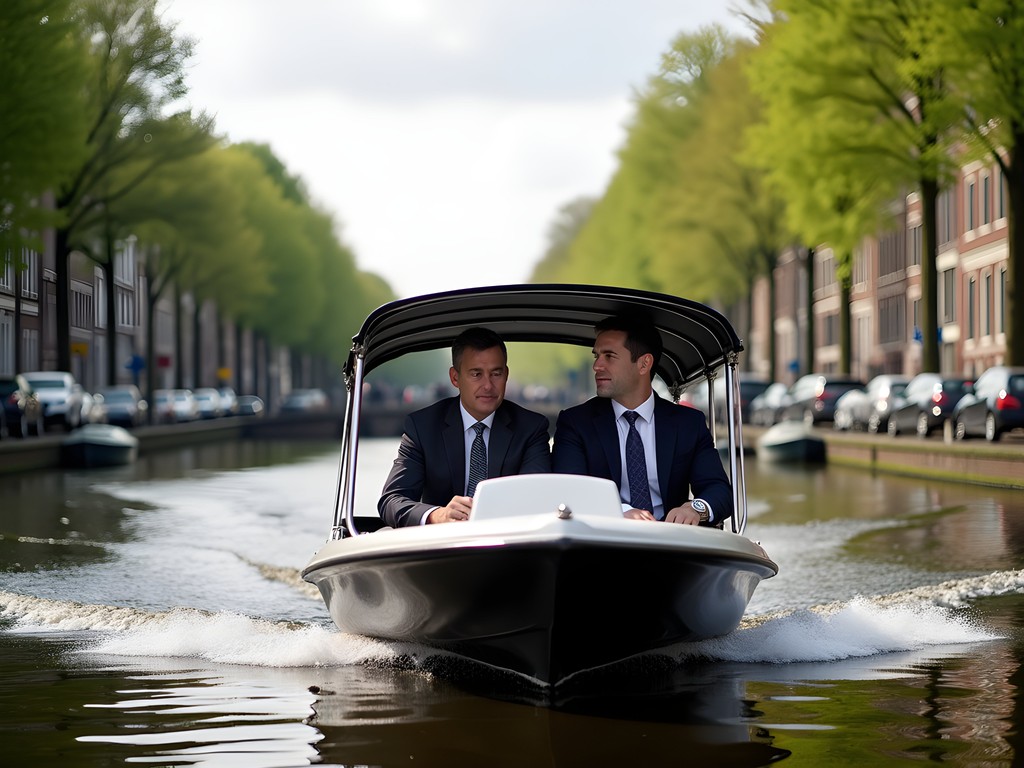 Business professional commuting by boat on Amsterdam canal