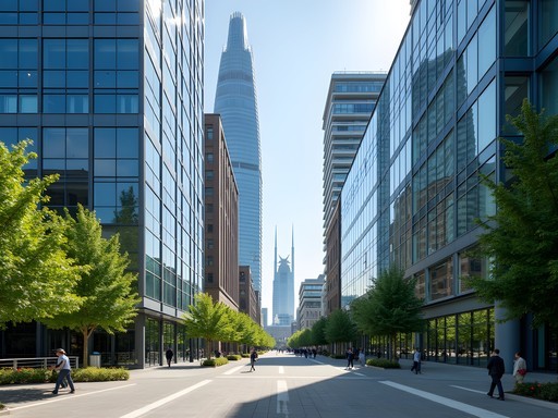 Modern Zuidas business district in Amsterdam with glass towers