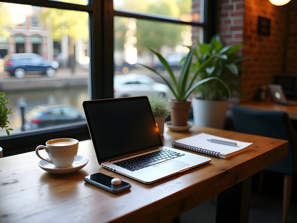 Professional business tech setup in Amsterdam cafe with canal view