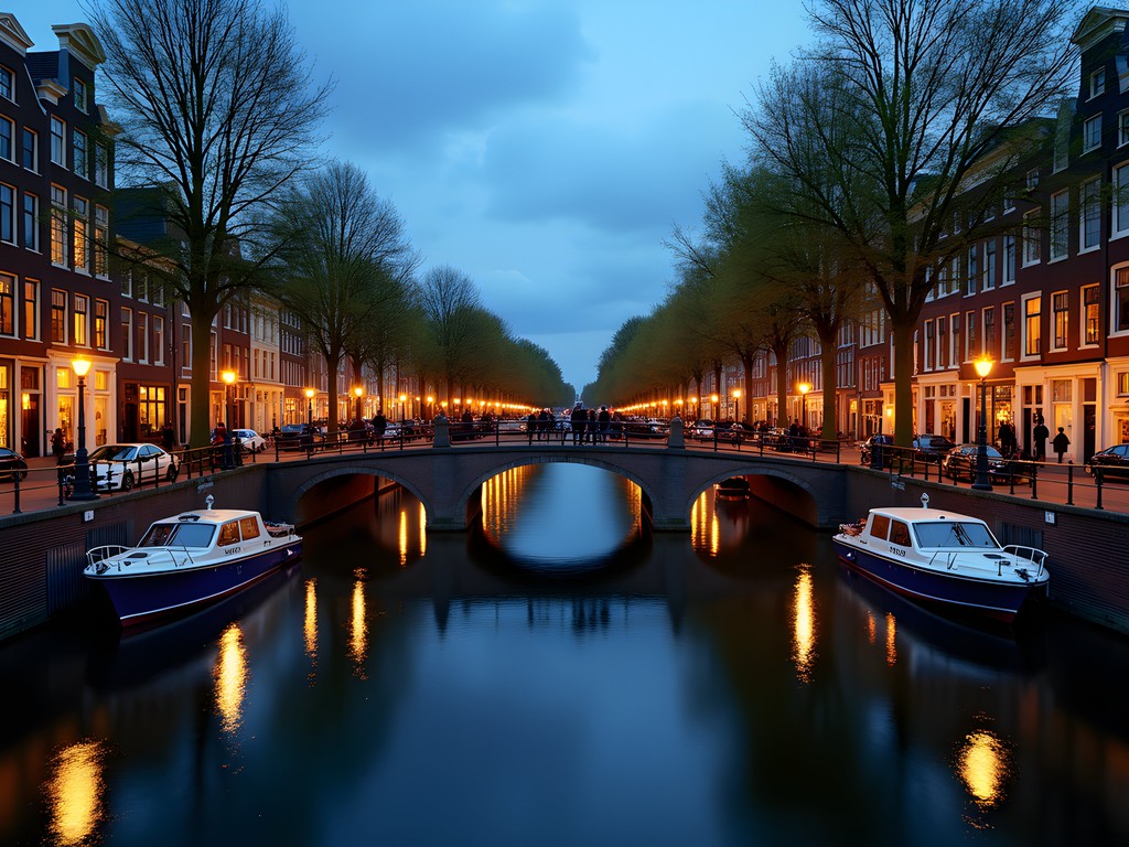 Evening canal view in Amsterdam with historic buildings and reflections