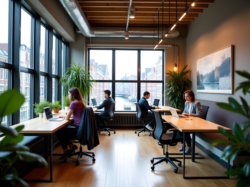 Modern coworking space in Amsterdam with canal views