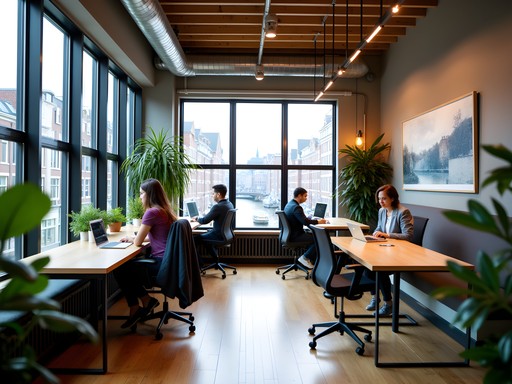 Modern coworking space in Amsterdam with canal views