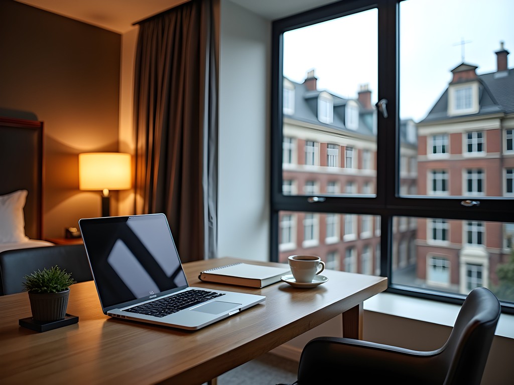 Luxury hotel workspace setup in Amsterdam with canal view