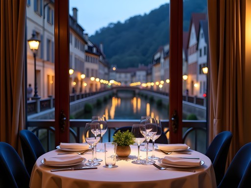 Elegant business dinner at a canal-side restaurant in Annecy's old town