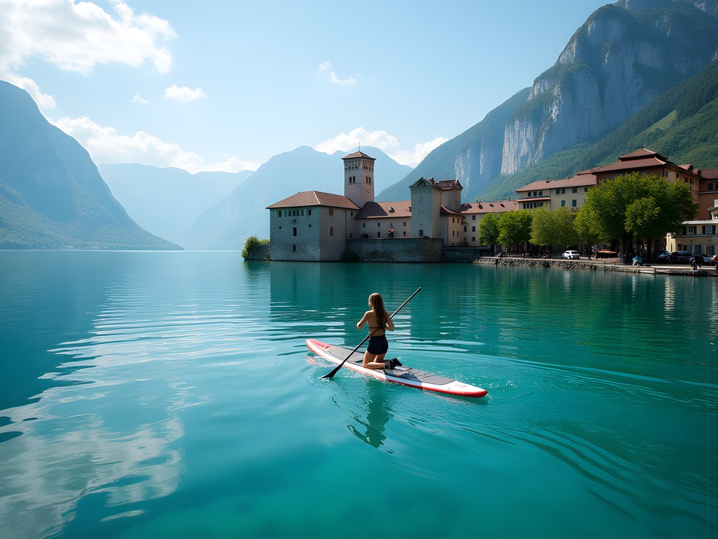 Business professional taking a paddleboard break on Lake Annecy