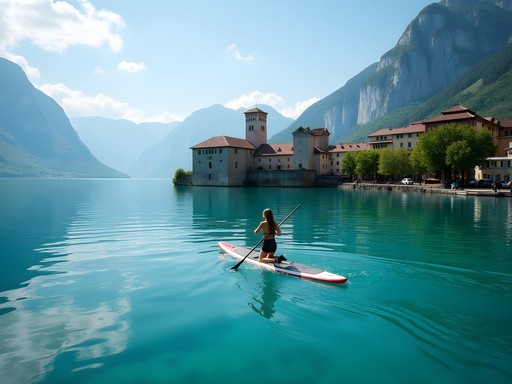 Business professional taking a paddleboard break on Lake Annecy