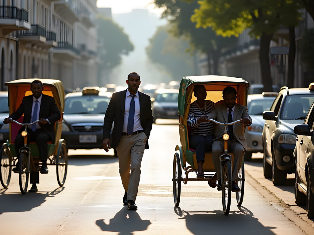 Business district of Antsirabe showing mix of traditional pousse-pousse and modern taxis serving professionals